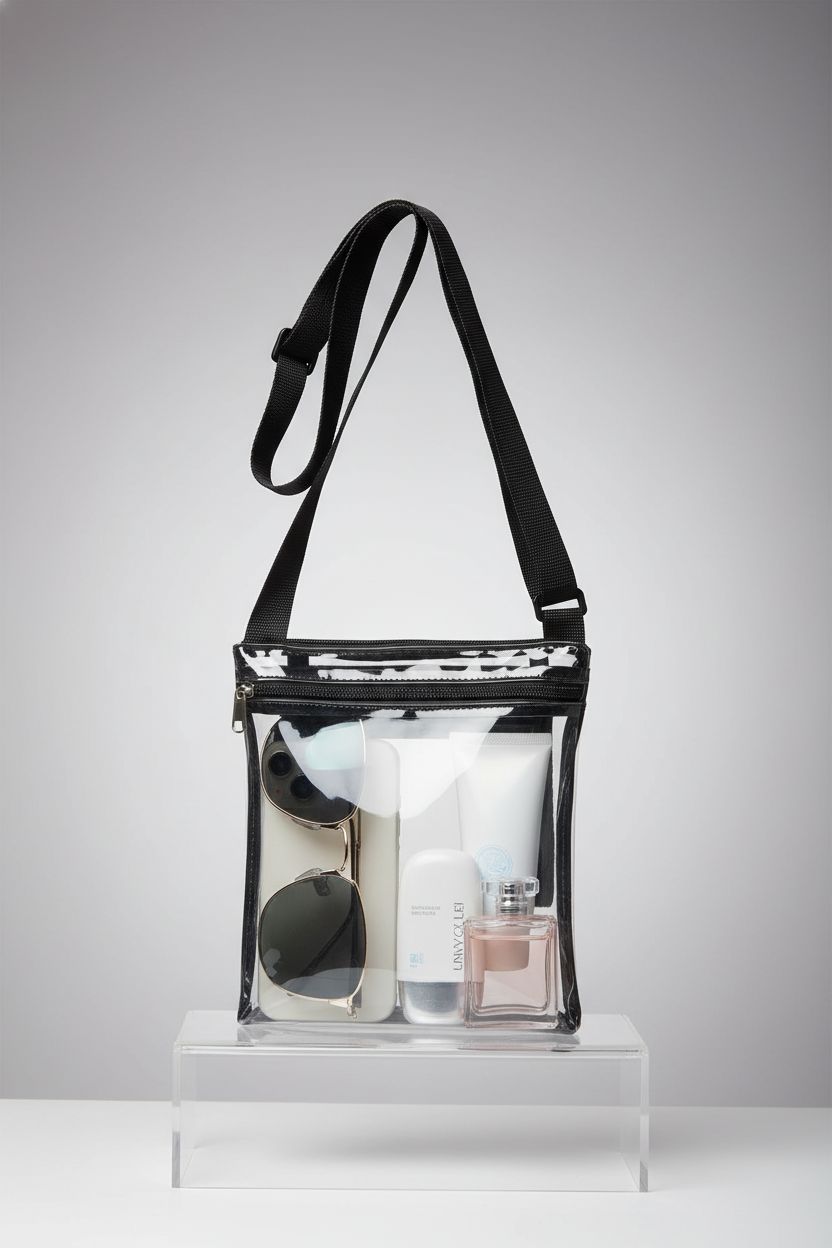 Lingshare clear crossbody bag on a minimalist display, highlighting its sleek design and durable materials.