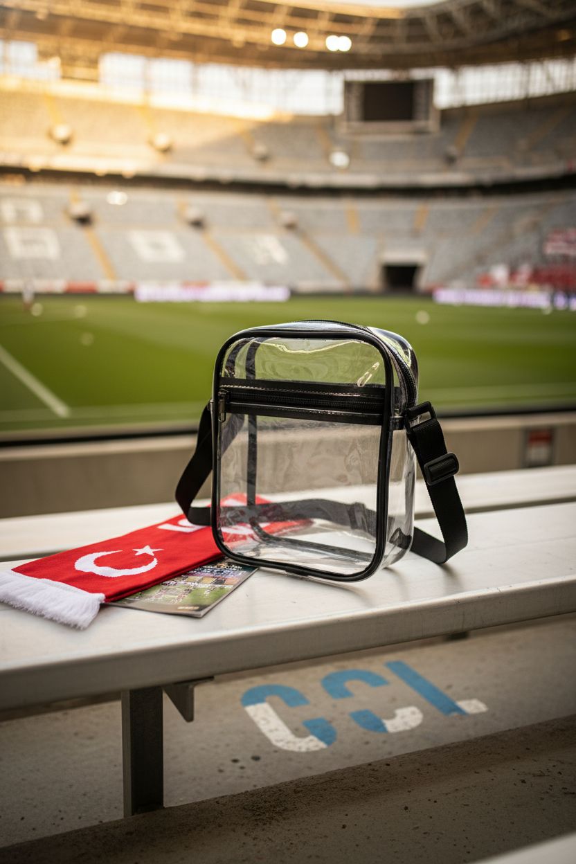 Vorspack clear bag beside a team scarf on bleachers, evoking a pre-game atmosphere.