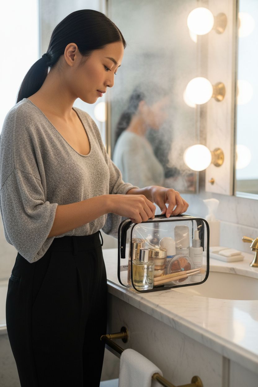 BAGSMART clear bag on marble vanity, showcasing travel-size cosmetics in a hotel bathroom