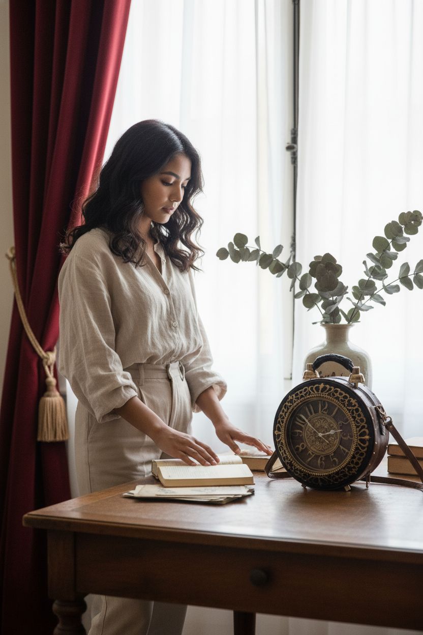 Cozy study nook with AAFLY clock purse by a writing desk, creating a warm and inviting atmosphere.
