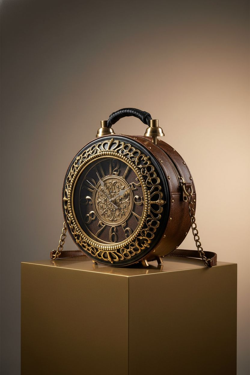 Product image of AAFLY clock purse on a minimal set, highlighting its unique design and texture.