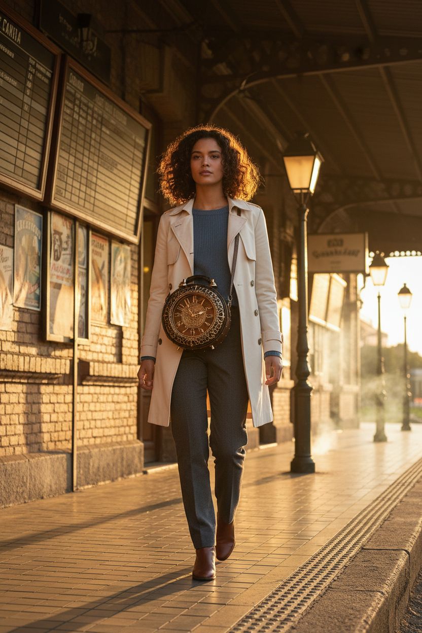AAFLY clock purse swinging crossbody on vintage train platform at golden hour, showcasing its ornate design.