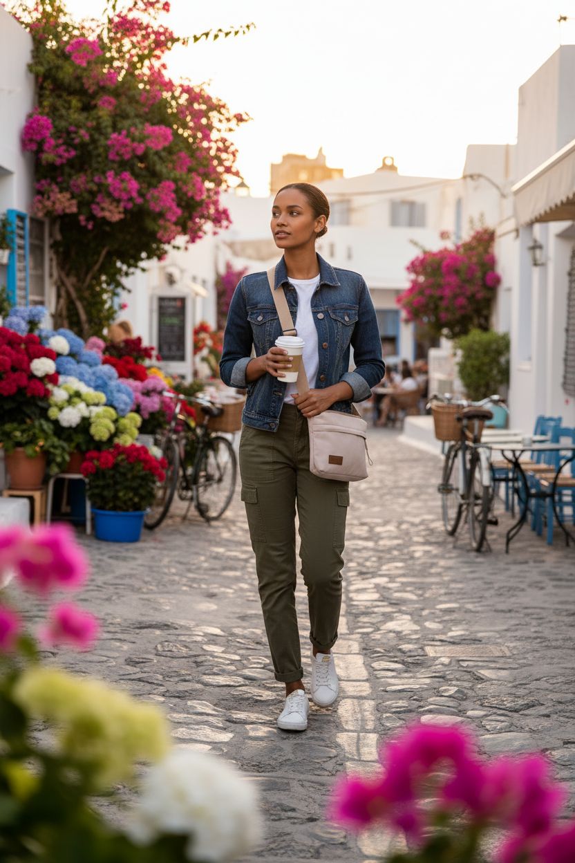 KOTORA beige nylon crossbody bag worn casually while strolling a vibrant market.