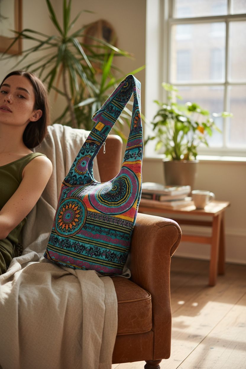 Coton Pose bohemian hobo bag on a vintage chair in a sunlit apartment setting.