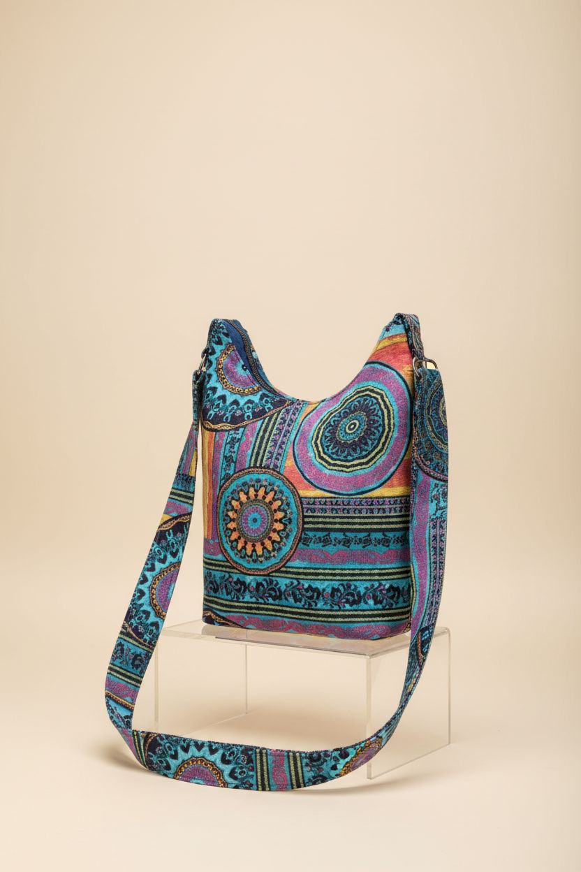 Coton Pose green-purple canvas hobo bag displayed on an acrylic riser with soft shadows.