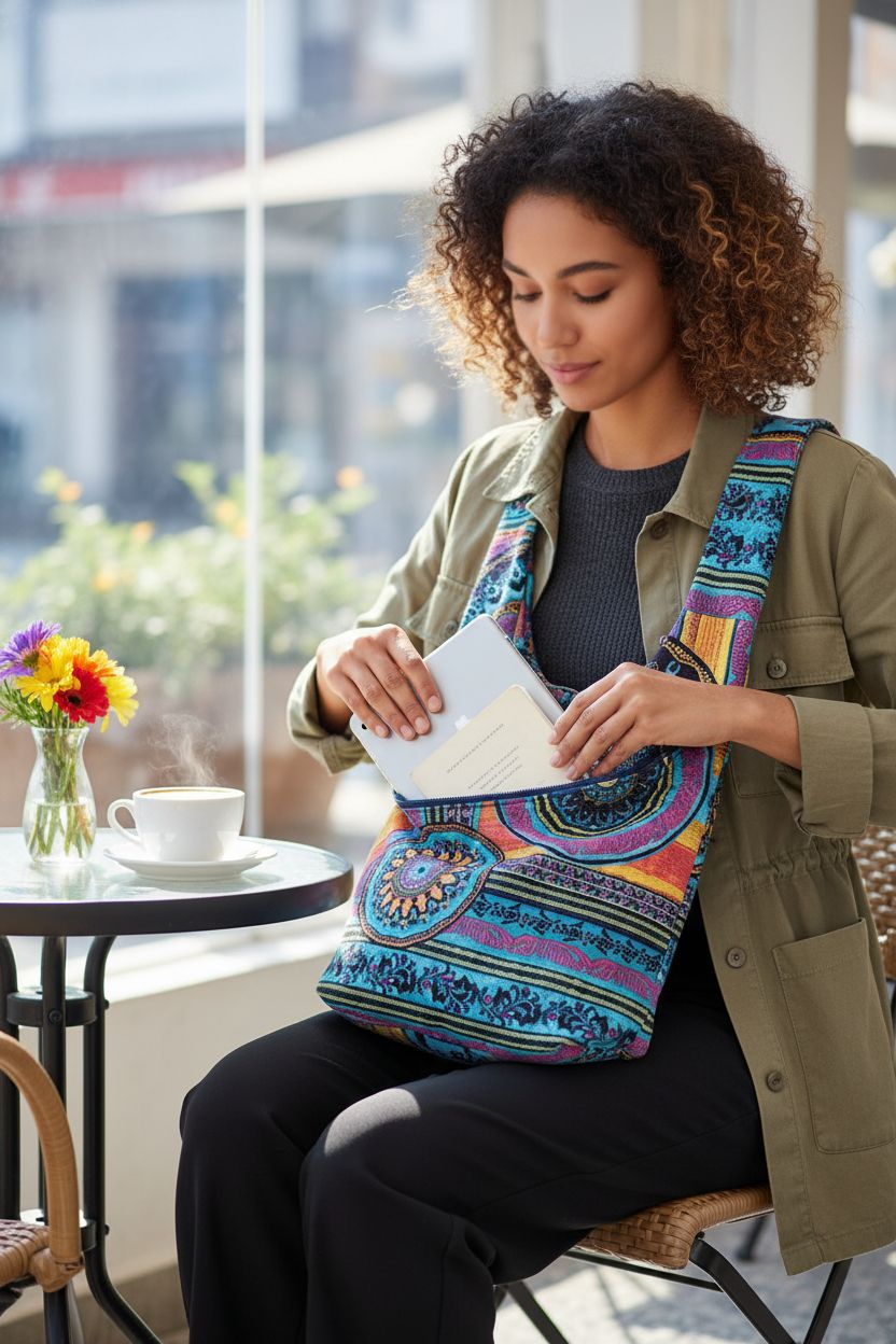 Coton Pose green-purple bohemian handbag on a café table with latte and flowers.