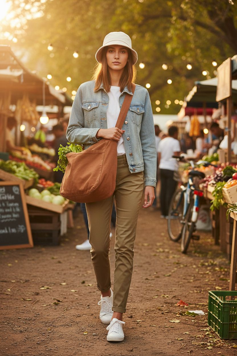 DAINAOTM canvas tote bag worn crossbody at a farmers' market, featuring greens peeking out.