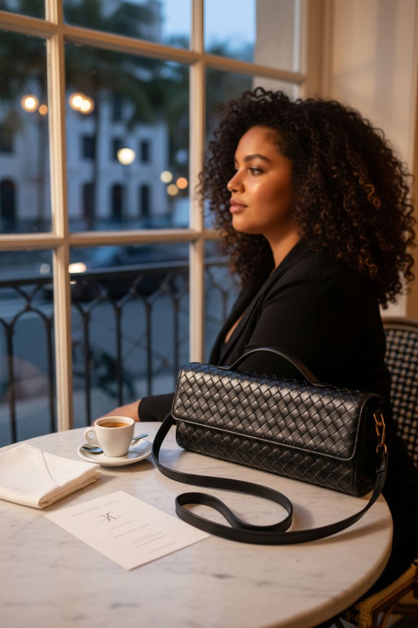 Black woven clutch by ZOZIGO on a café table, complementing an elegant setting with espresso