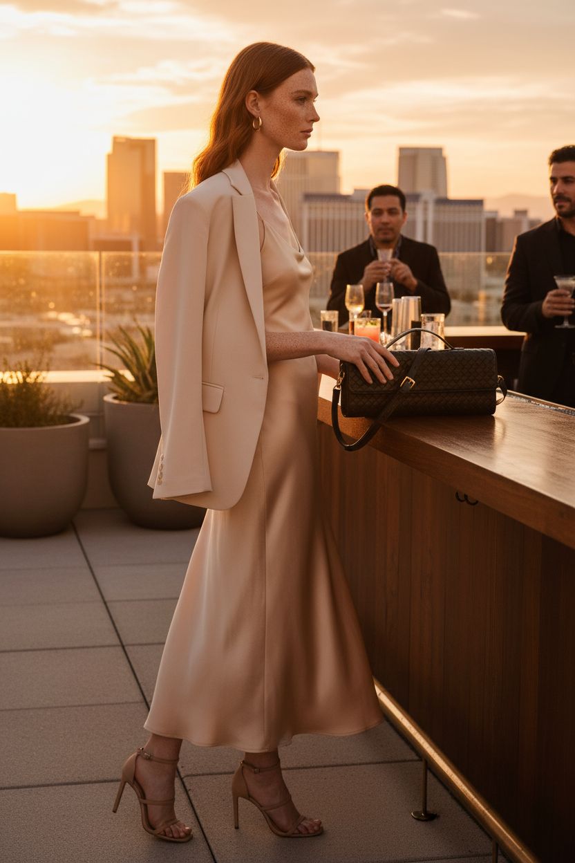 ZOZIGO vegan leather clutch bag on bar during sunset cocktail hour, showcasing its chic design