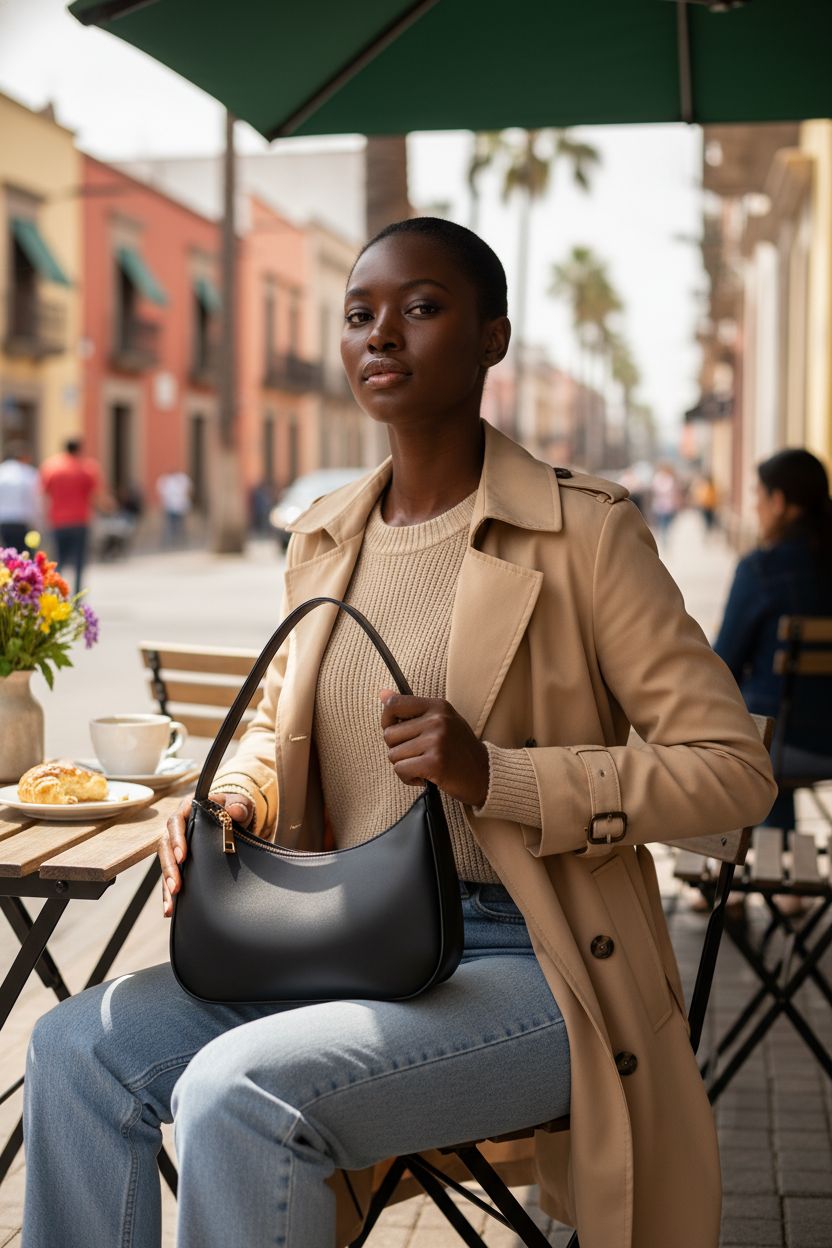 CYHTWSDJ black hobo clutch purse in a café setting with stylish outfit