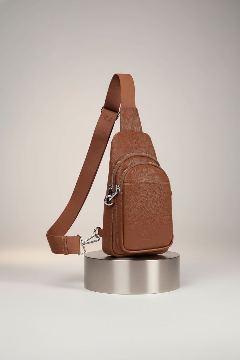 Befen cognac crossbody bag showcasing texture and design in studio light.
