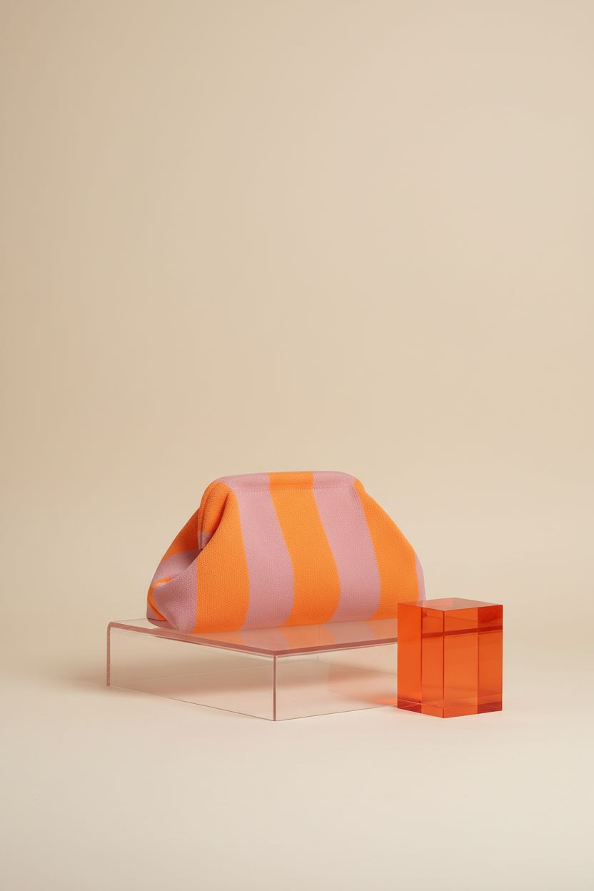 Oweisong striped clutch purse on a minimalist display, highlighting its craftsmanship.