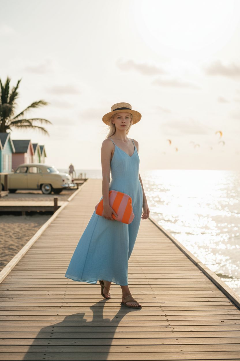 Oweisong color-block clutch paired with a sundress on a sunny boardwalk.