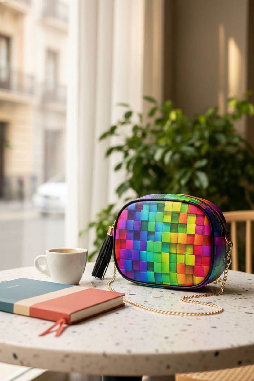 ALAZA colorful purse on terrazzo table in sunlit café with greenery