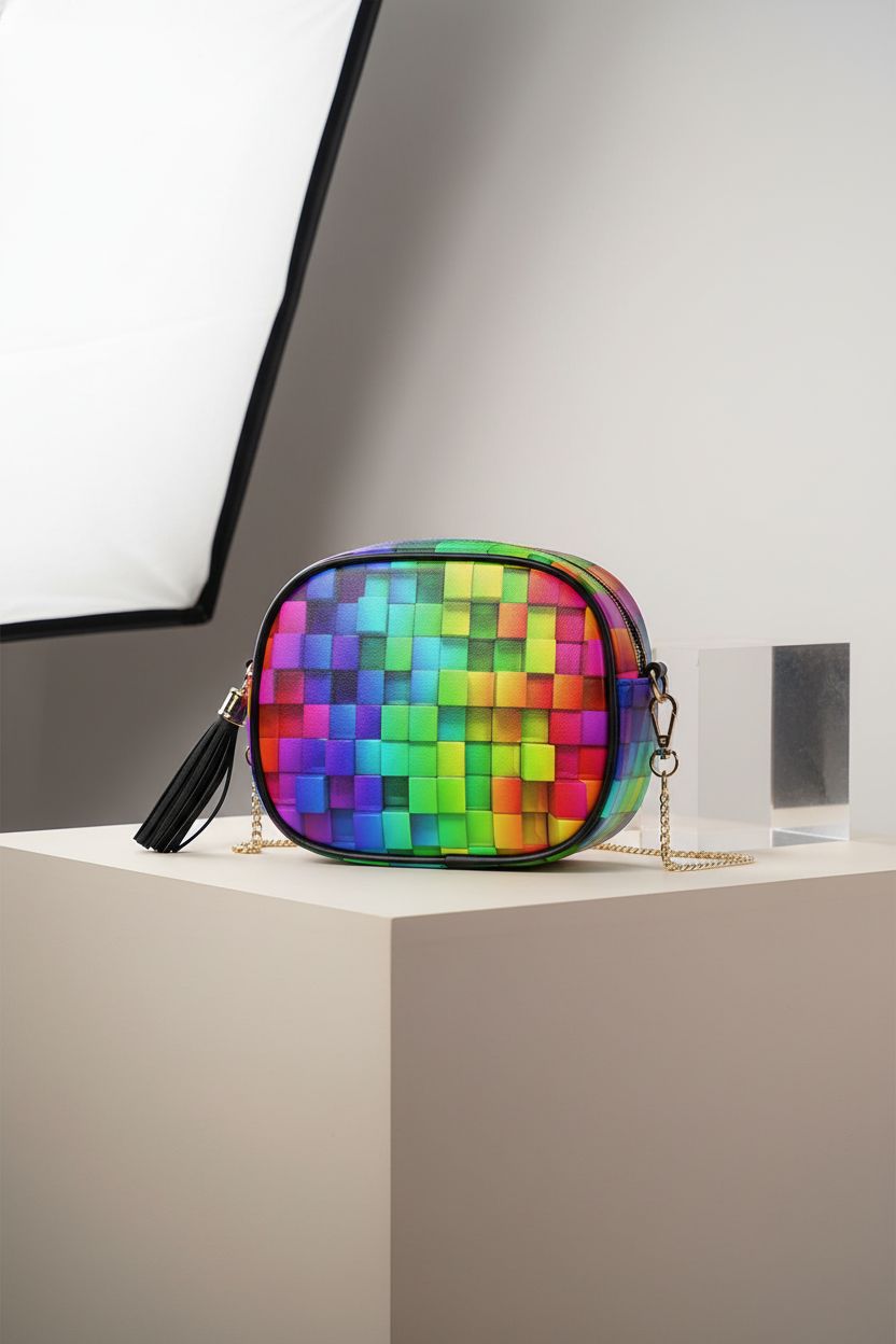 ALAZA rainbow crossbody bag showcasing PU leather and tassel detail