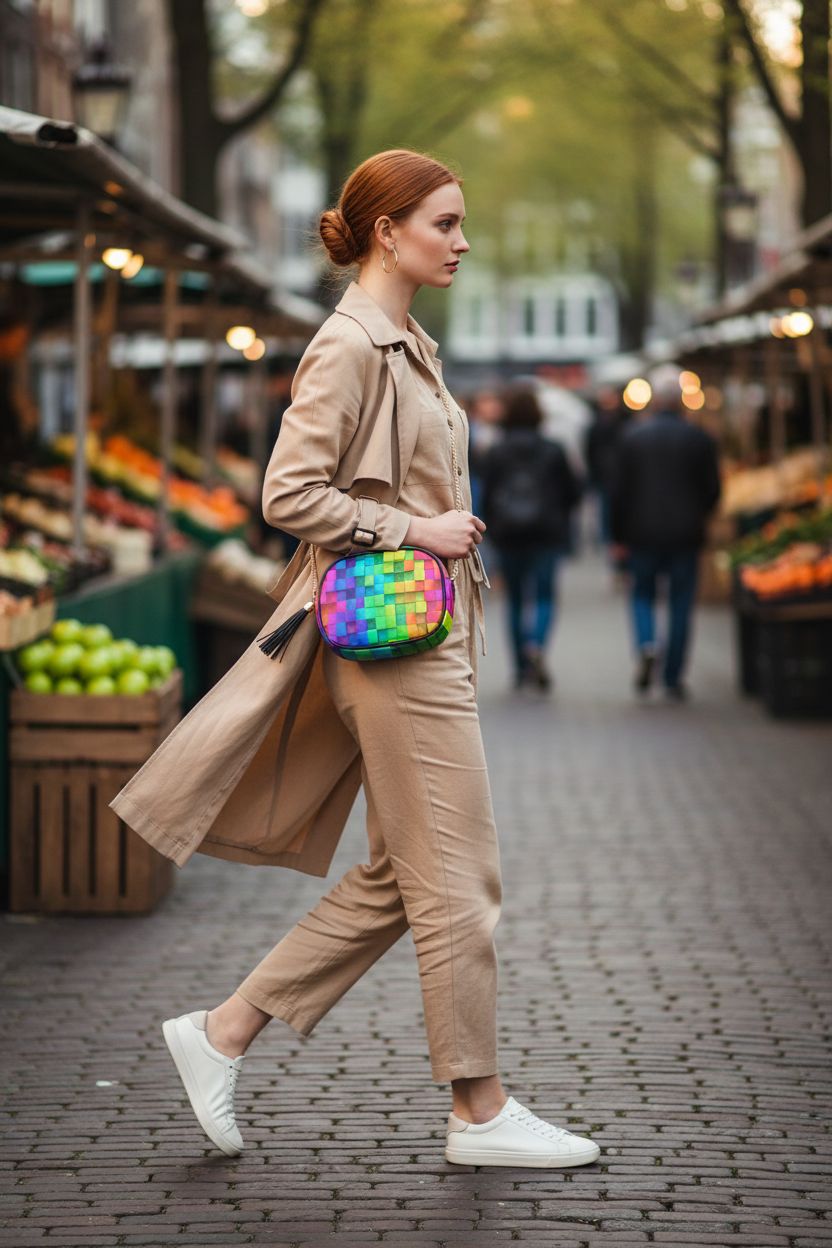 ALAZA colorful rainbow crossbody bag with gold chain in market setting