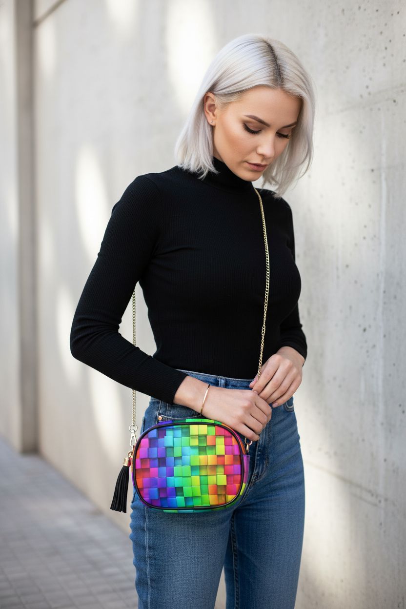 ALAZA rainbow crossbody bag with gold chain on sidewalk, tassel detail