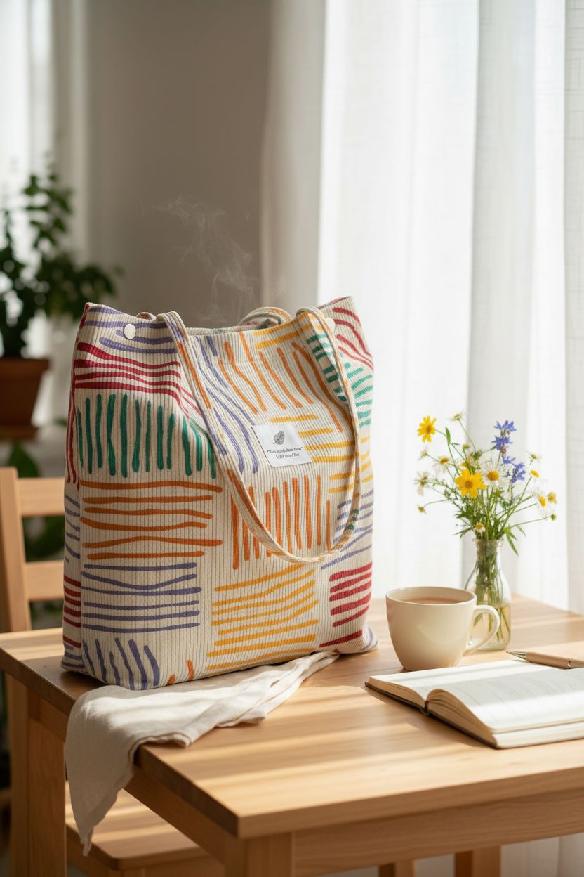 Ayieyill colorful shoulder bag resting on a café table, highlighting its ribbed corduroy and stylish design.