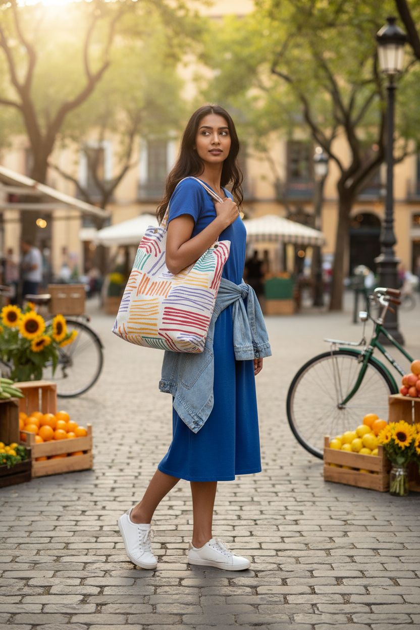 Ayieyill colorful shoulder bag captured at a lively market, displaying vibrant stripes and casual elegance.