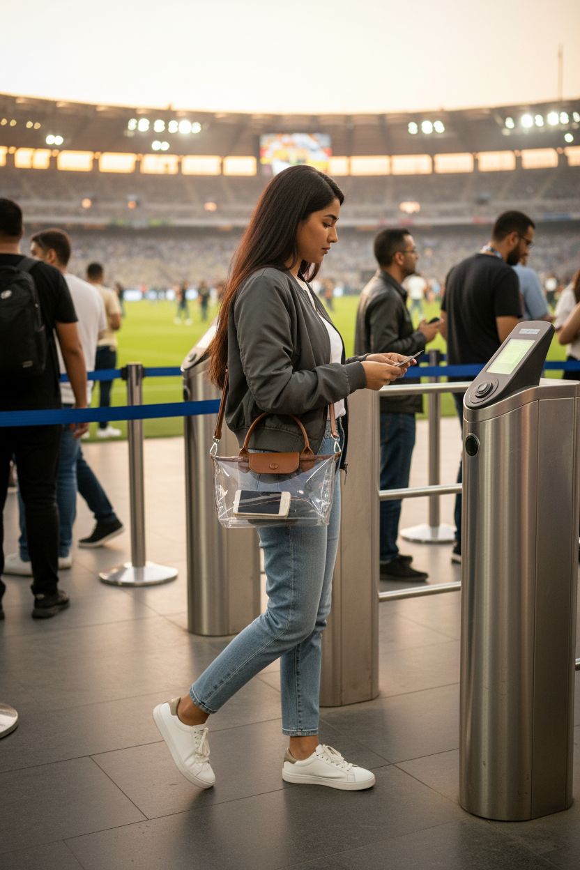 BOSTANTEN clear crossbody bag at stadium entrance, perfect for concerts and events.