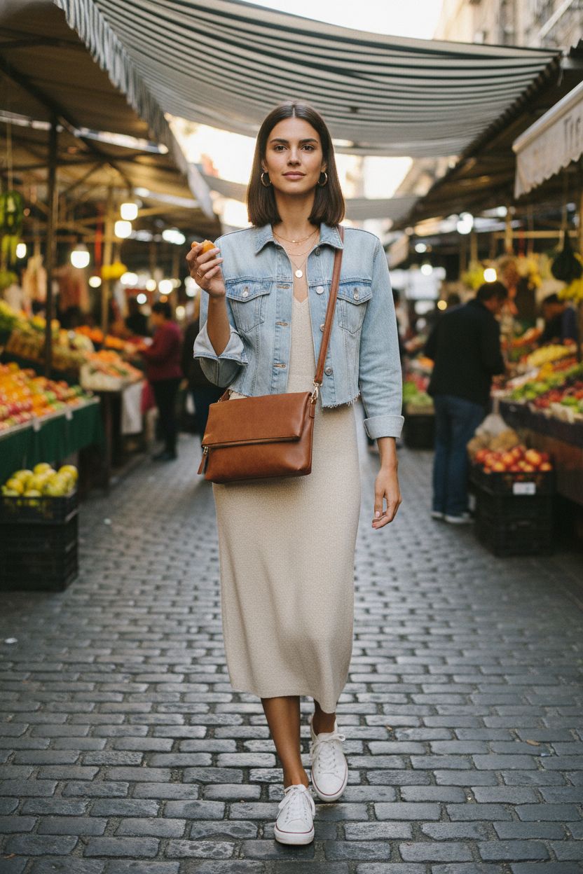 Gladdon small brown vegan-leather crossbody bag styled with midi dress at outdoor market.