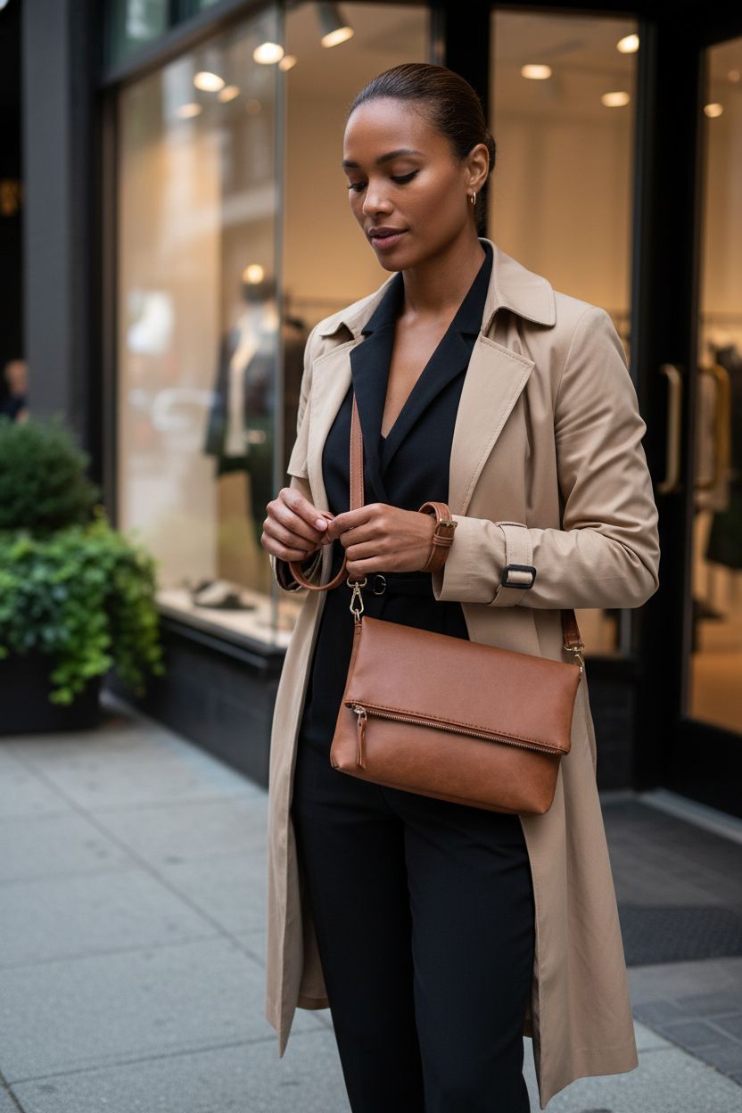 Gladdon brown crossbody bag converting to wristlet, paired with a chic black jumpsuit.
