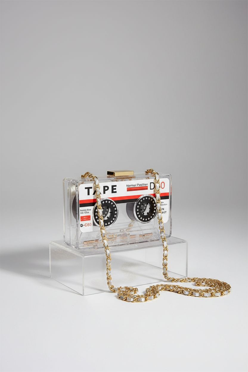 QZUnique cassette purse showcased on a minimal acrylic riser against a light-gray backdrop.