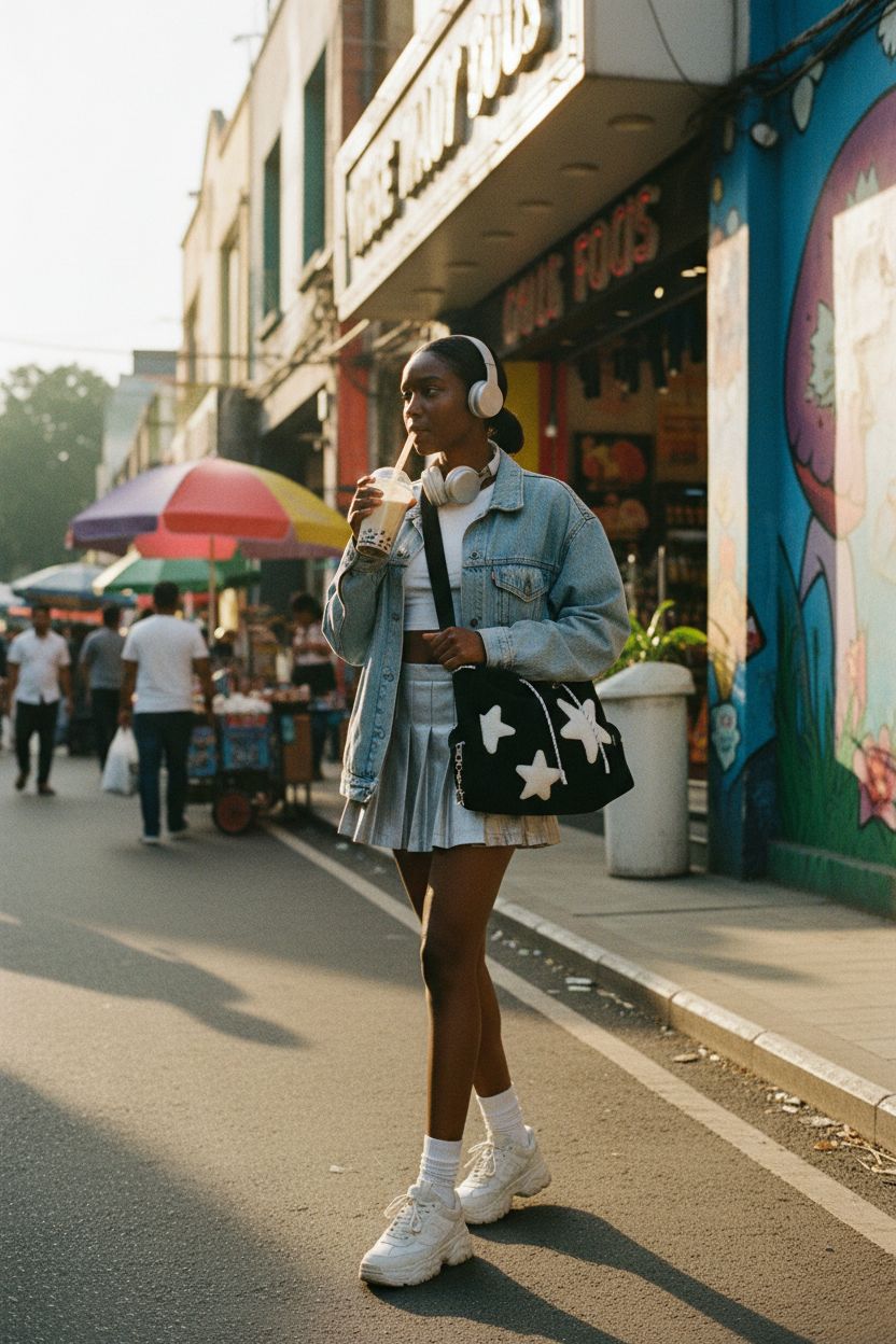 Sunnymove black corduroy star bag swinging crossbody in vibrant street scene.