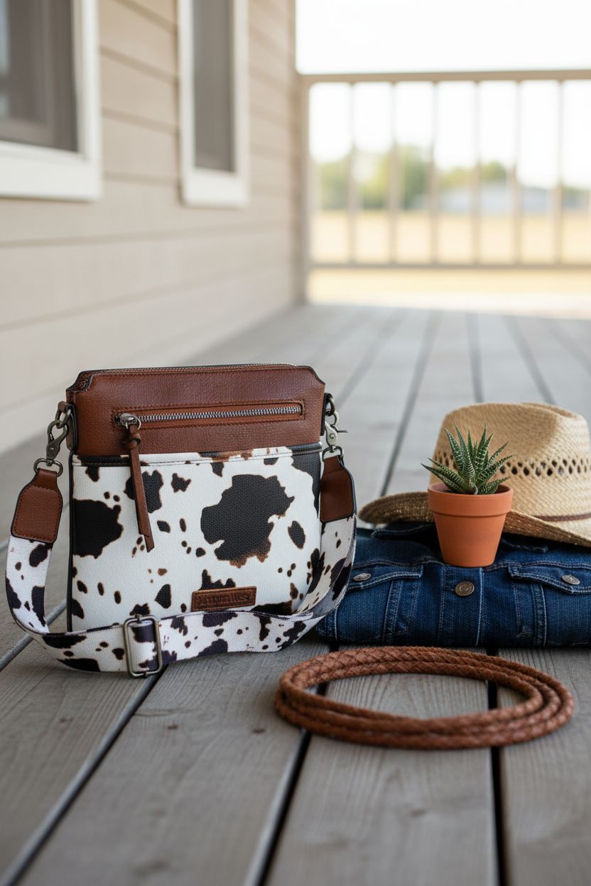 Montana West cow print bag resting on a rustic porch with Western accessories.
