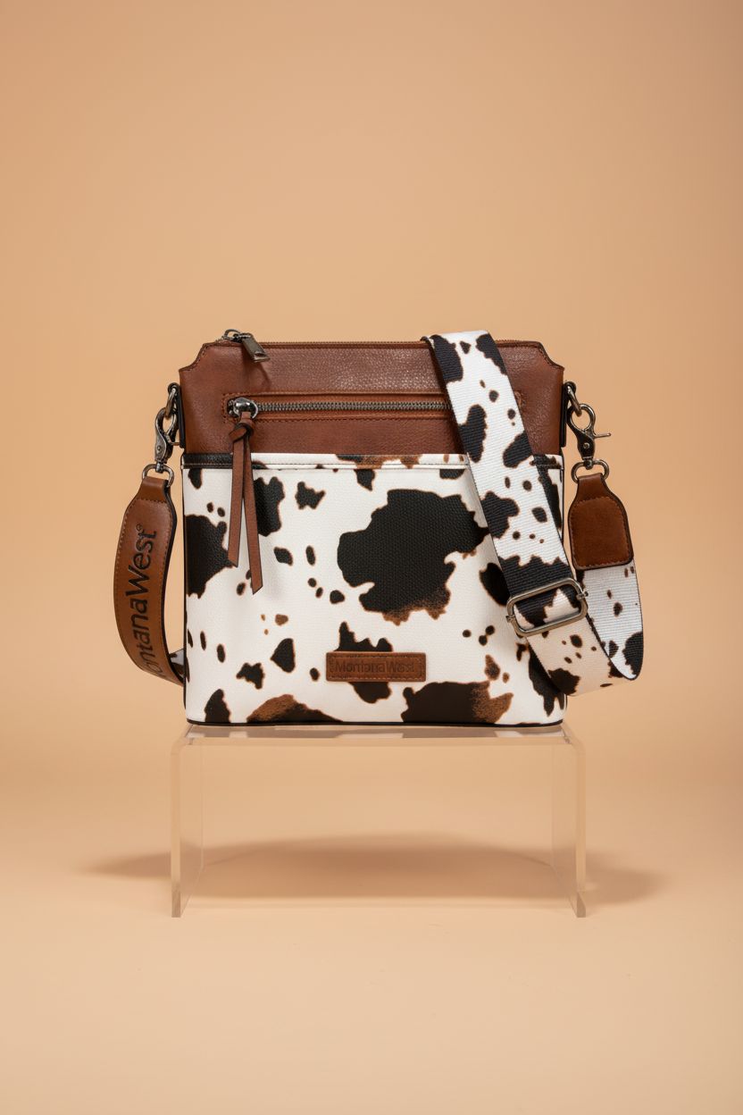 Montana West cow print crossbody bag showcasing quality stitching and design features.