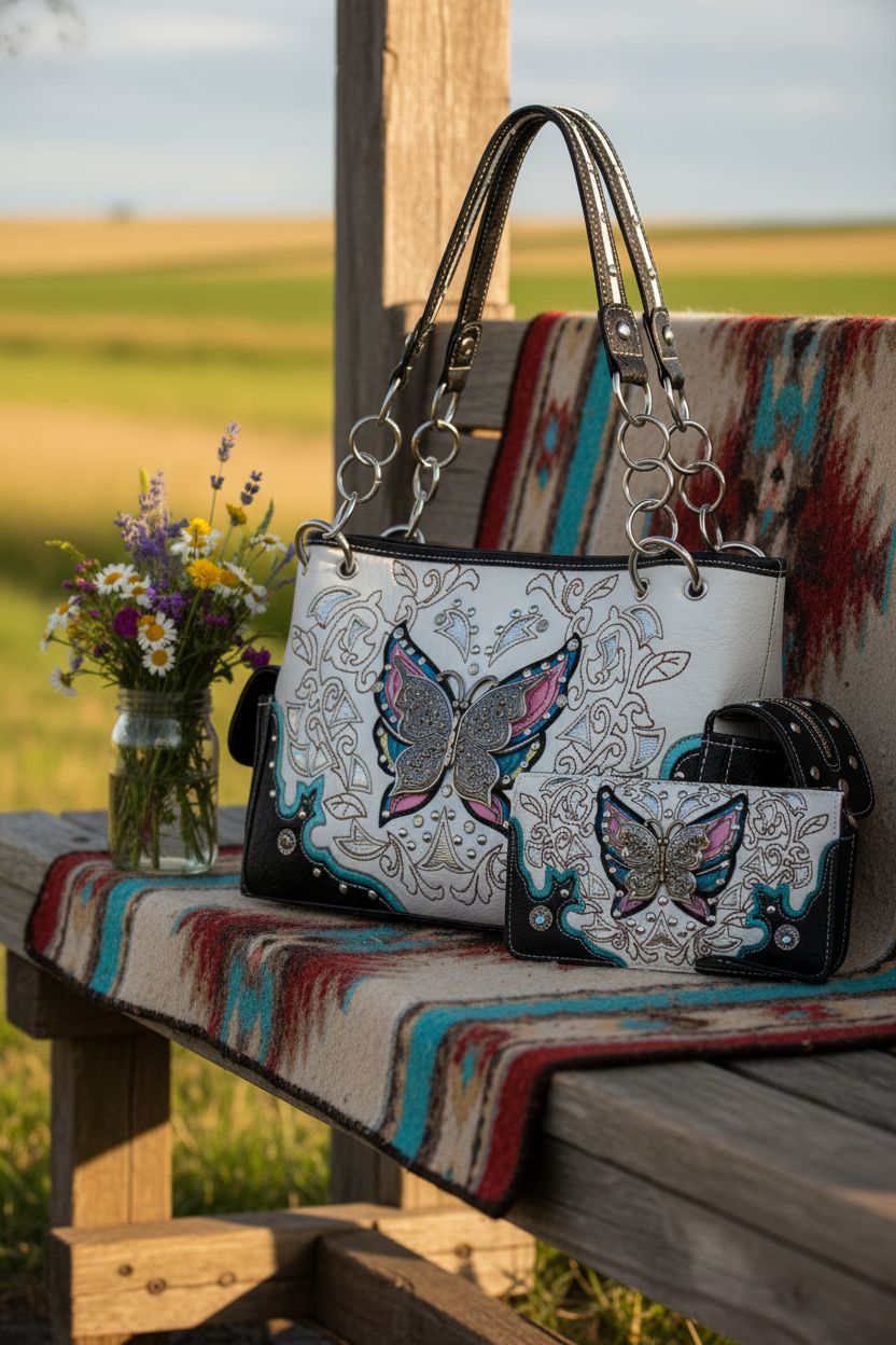 Textured vegan leather Western Origin cowgirl purse on a ranch porch with wildflowers.