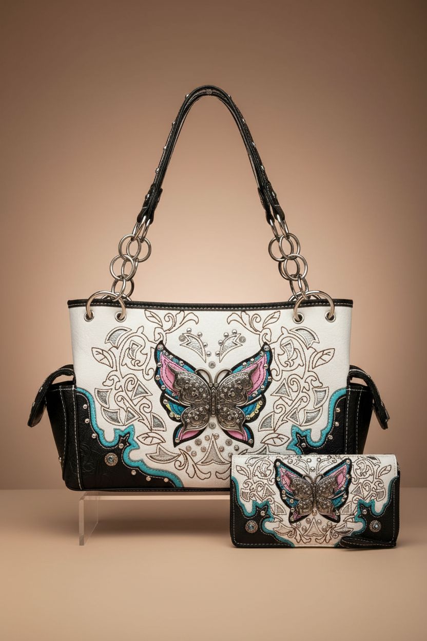 Product-focused image of Western Origin cowgirl trendy purse highlighting butterfly design.