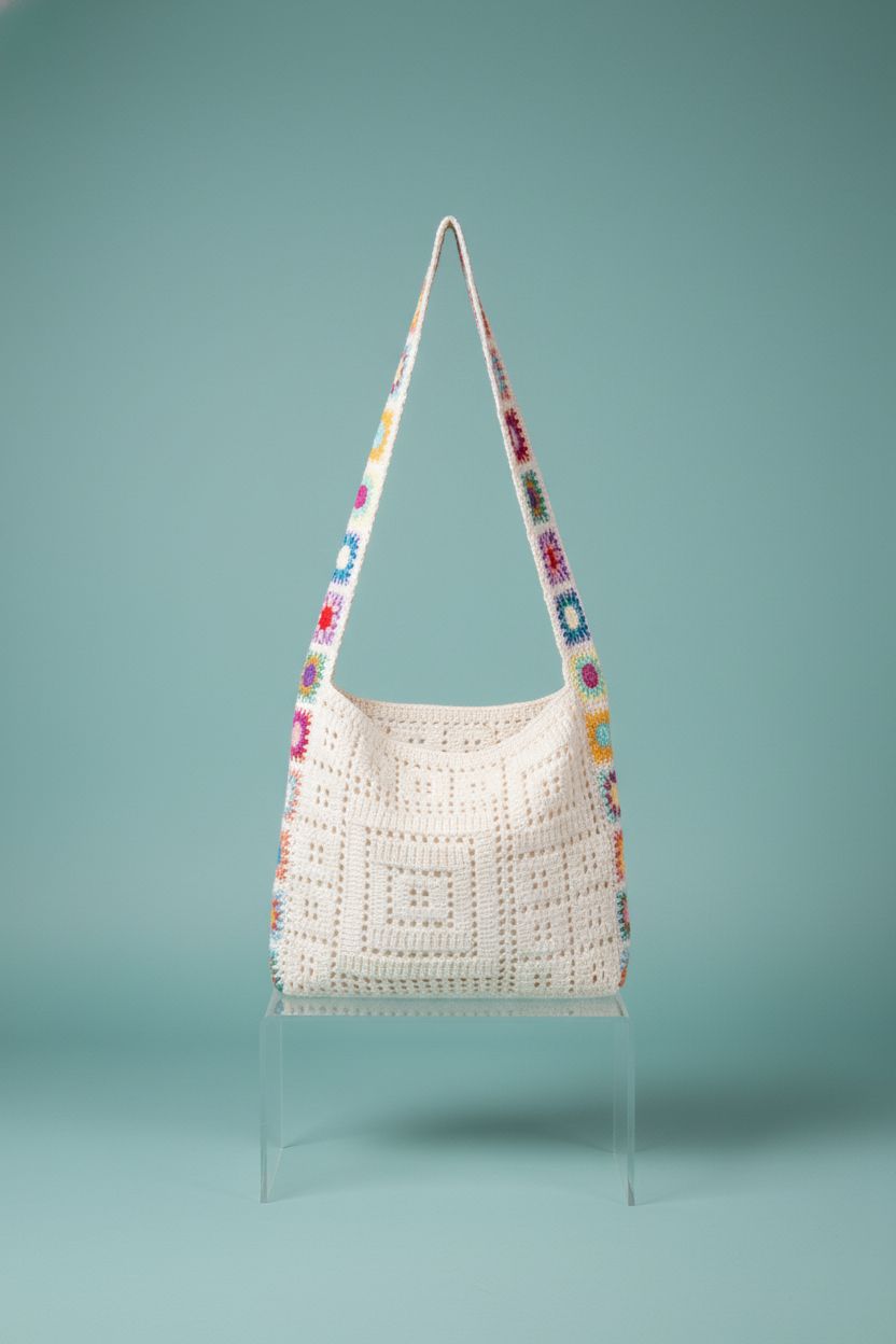 Babelshar crochet tote bag showcasing colorful strap and woven texture on a blue background.