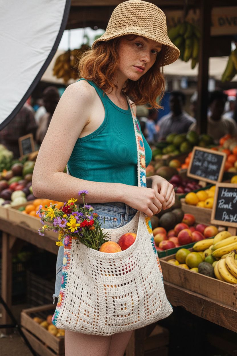 Cream crochet tote bag by Babelshar filled with flowers and peaches at a vibrant market.