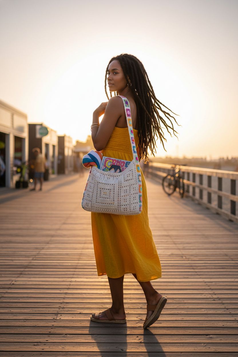 Cream crochet tote with multicolor strap on a beach boardwalk during golden hour.