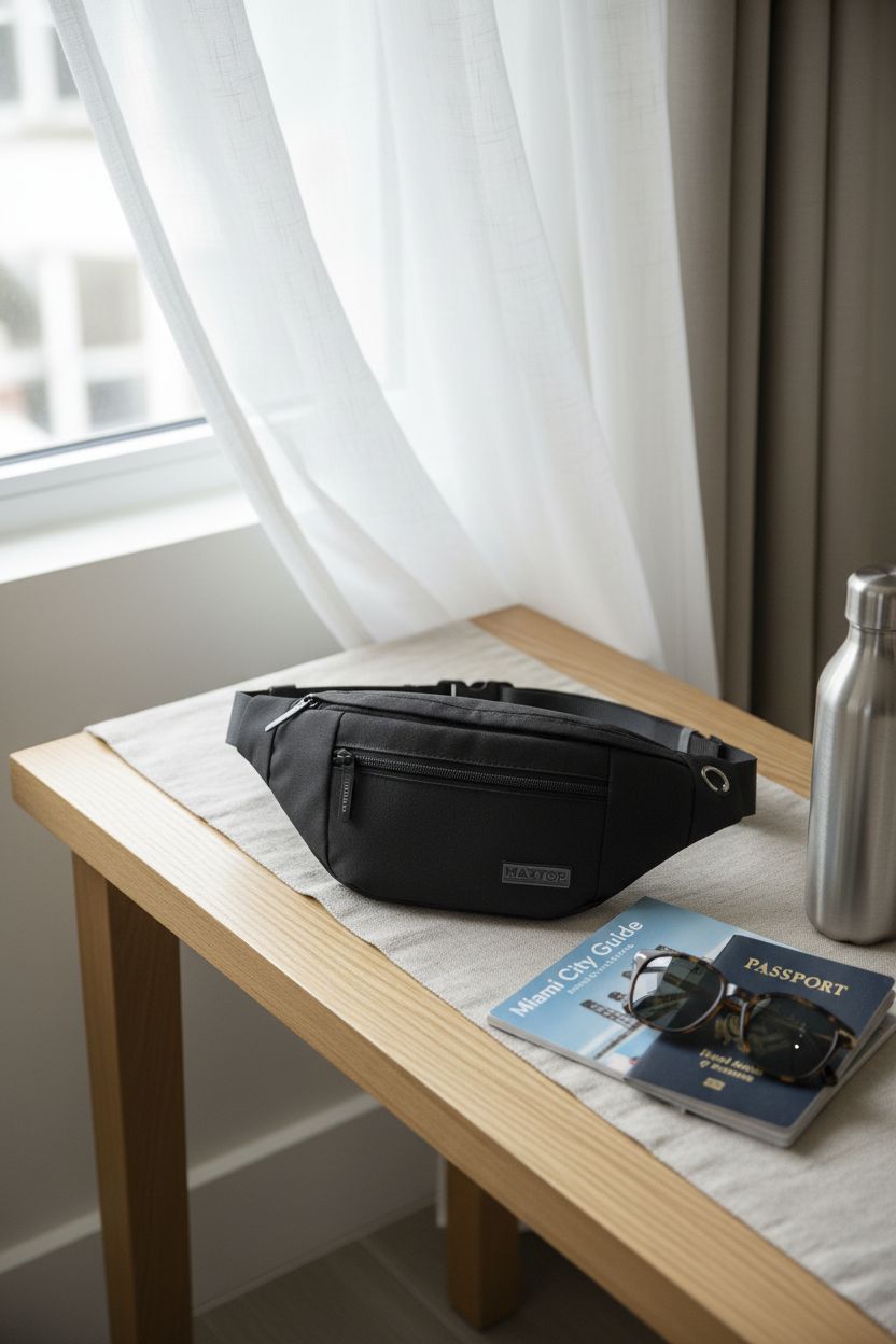 MAXTOP crossbody bag styled among travel essentials in a chic hotel room, perfect for on-the-go adventures.