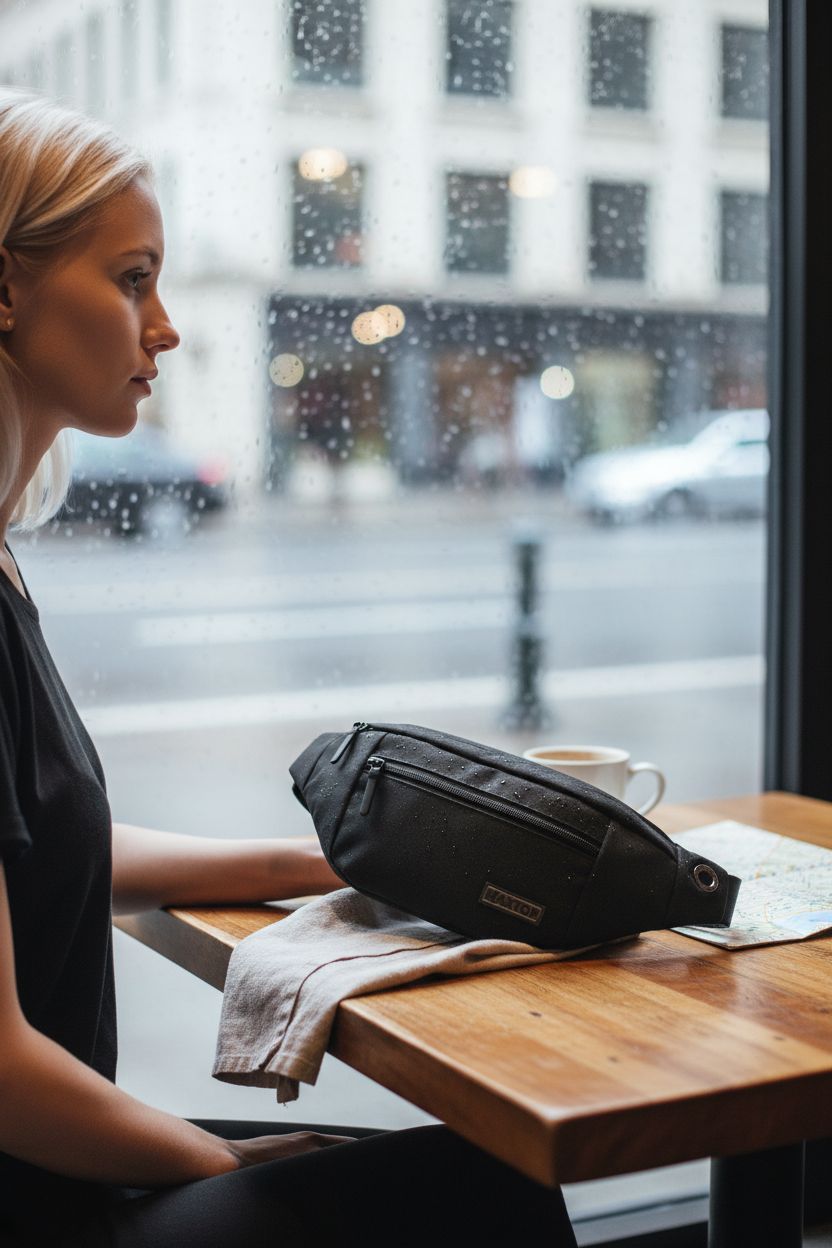 MAXTOP Large Crossbody Fanny Pack on a cafe table, illustrating its everyday use in a cozy setting