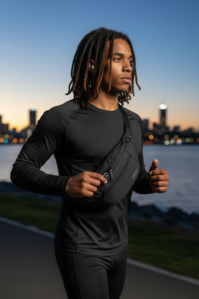 MAXTOP Large Crossbody Fanny Pack in action during a jog, showcasing zippers and theft-proof pocket