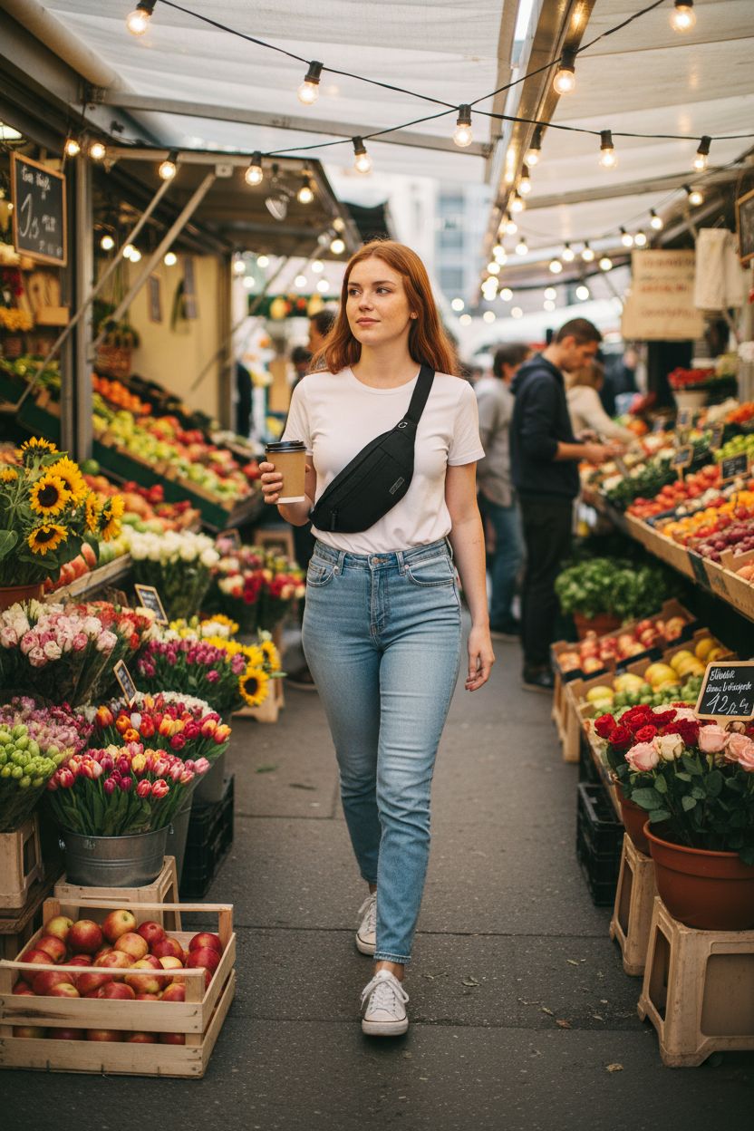 MAXTOP Large Crossbody Fanny Pack at a street market, highlighting its convenience and stylish design