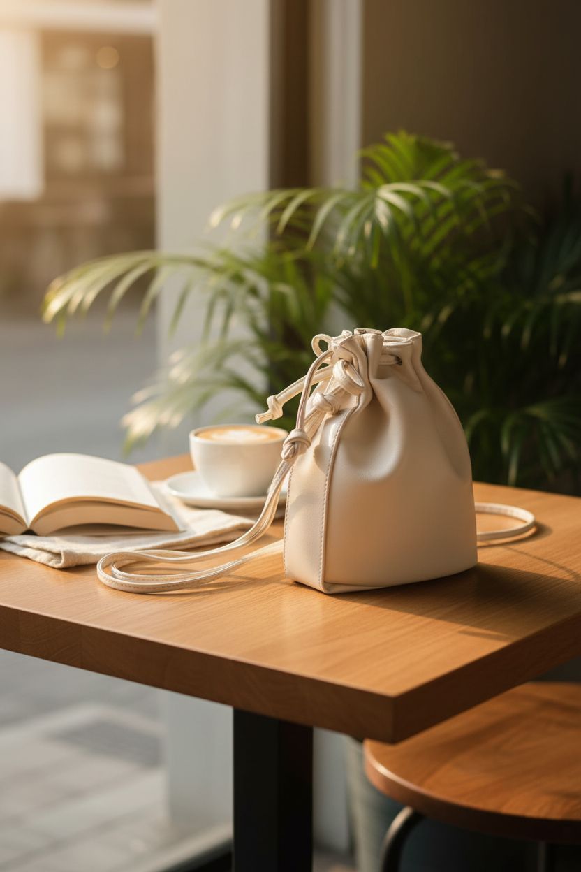 WisePoint Mini Crossbody Bag displayed on a café table, showcasing its elegant drawstring and PU leather.