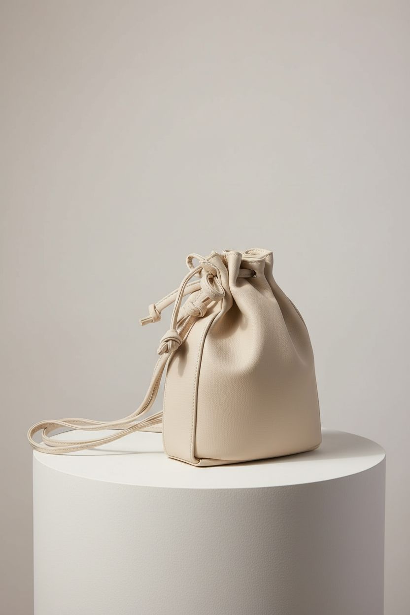 Product shot of WisePoint Mini Crossbody Bag in beige, highlighting its drawstring and magnetic closure.