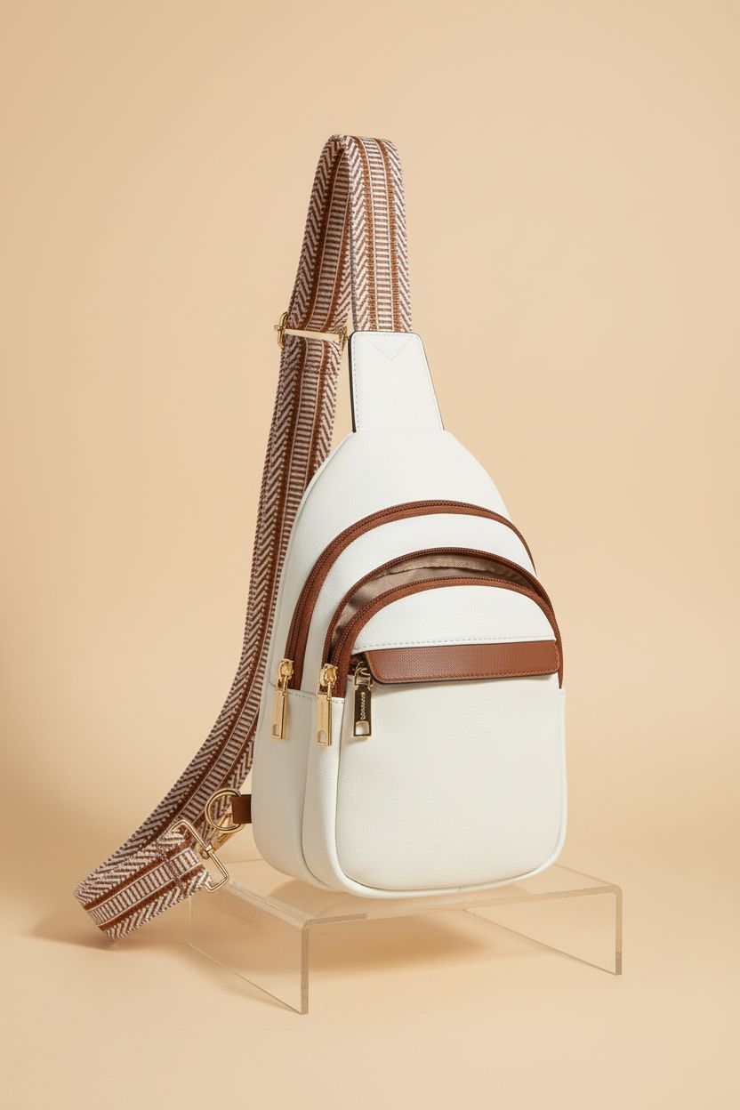 Close-up of BOSTANTEN leather crossbody purse highlighting its spacious interior and gold hardware details.