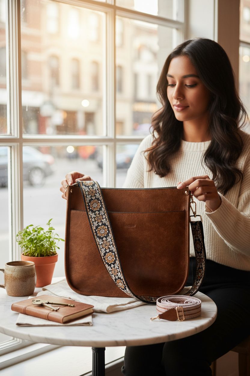 Elegant HKCLUF brown crossbody bag displayed in a café setting, highlighting its vegan leather.