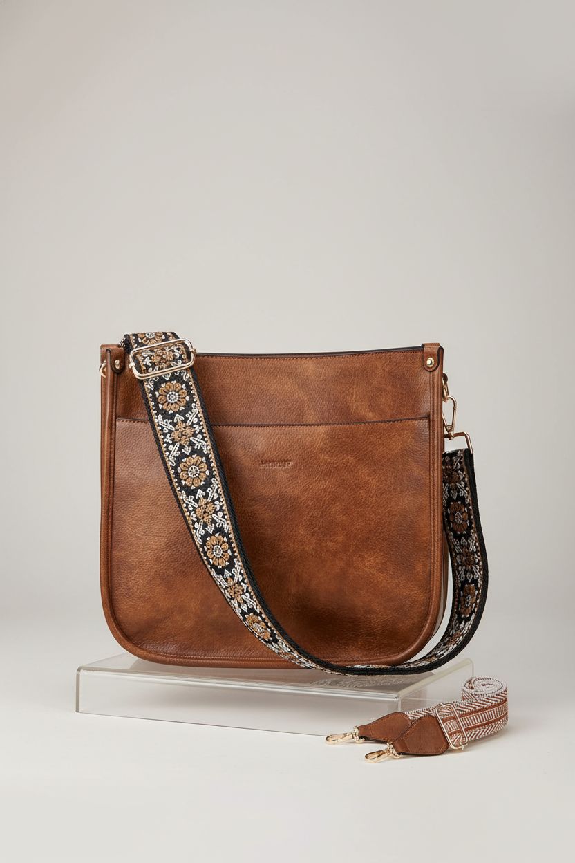 Product shot of HKCLUF brown crossbody bag on acrylic riser, featuring adjustable straps and sleek design.