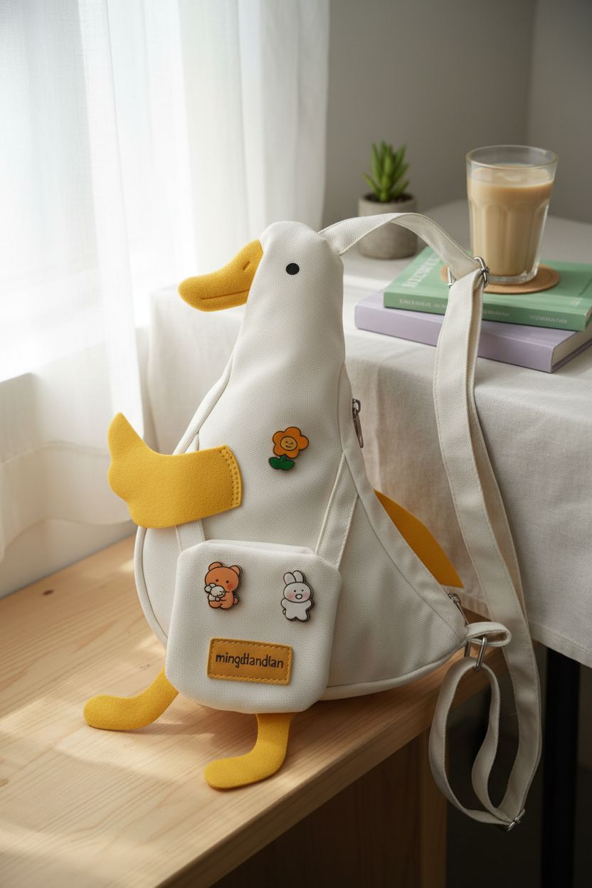 PRLINJSK duck crossbody bag on a cozy cafe table with tea and books