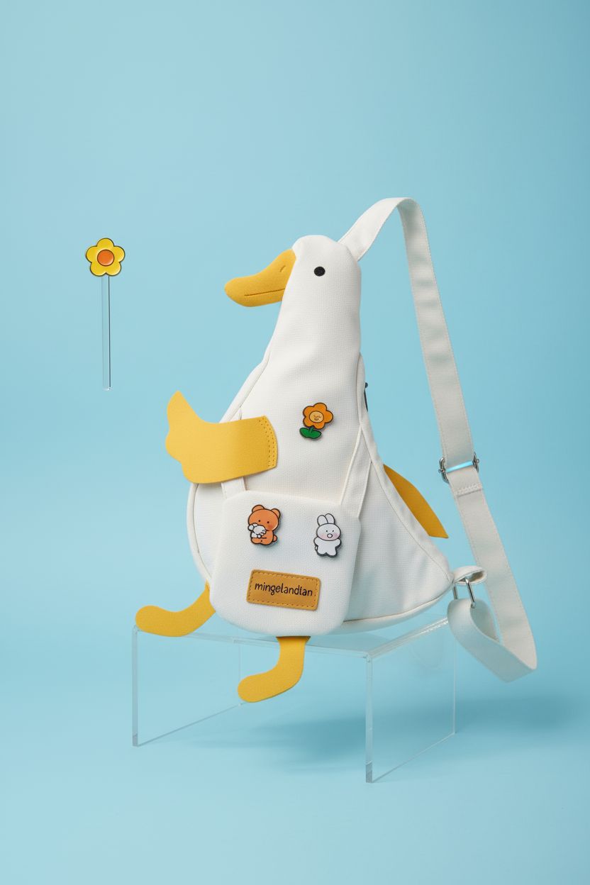 PRLINJSK duck crossbody bag showcased on clear acrylic riser with details