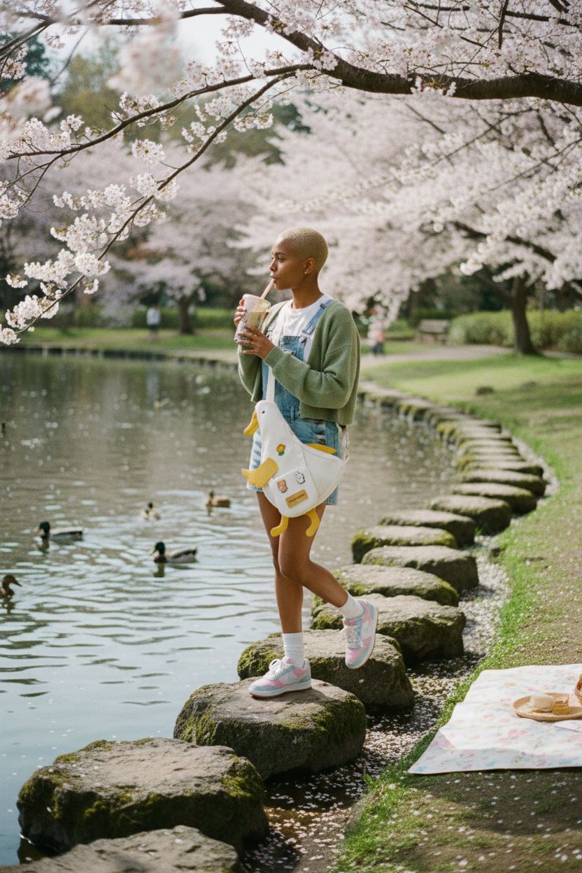 PRLINJSK cute duck crossbody bag amidst cherry blossoms in spring park