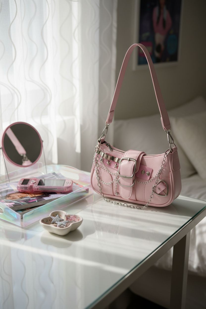 Cozy vanity scene featuring Verdusa's pink Y2K purse with star details and chic decor.