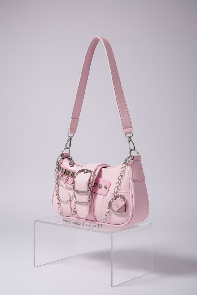 Close-up of Verdusa's pink Y2K purse highlighting star embroidery and chain details.