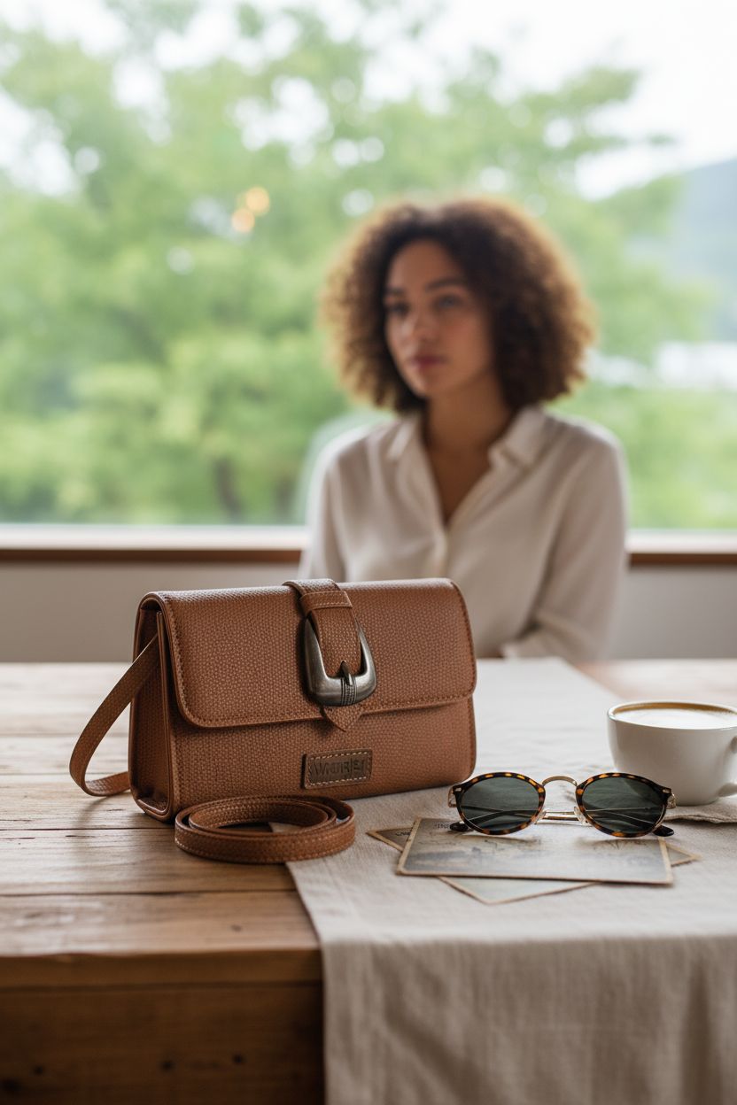 Compact Wrangler Flap Crossbody Purse resting on reclaimed wood next to a latte and postcards, showcasing its texture.